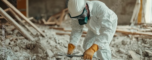 A worker in protective gear is dismantling debris in a construction site, focusing on safety amidst a messy environment.
