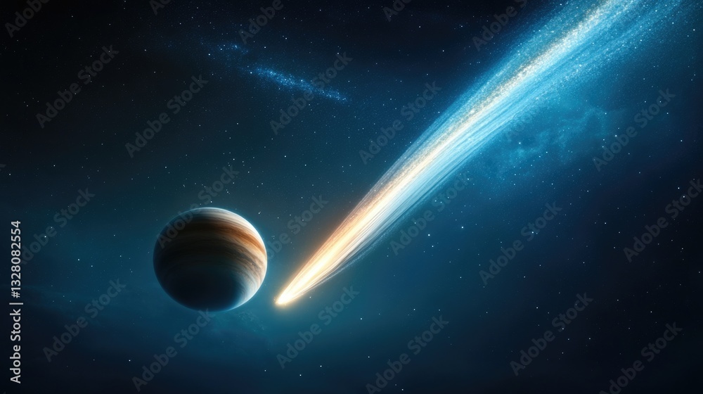Fototapeta premium Majestic Comet Approaching Massive Planet in Deep Space with Bright Stars and Cosmic Dust