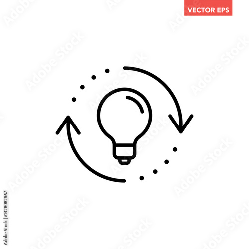 Single black refresh idea line icon, simple light bulb with repeat arrow flat design illustration pictogram for infographic interface elements for app logo web button ui isolated on white background