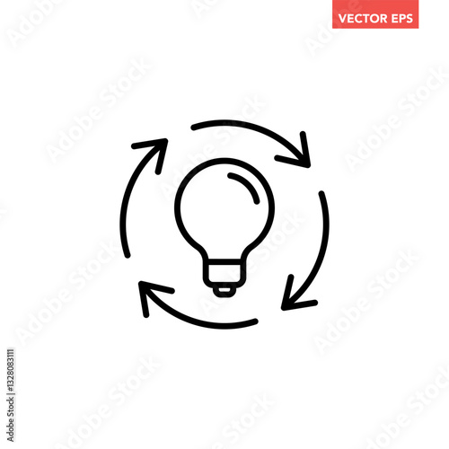 Single black refresh idea line icon, simple light bulb with repeat arrow flat design illustration pictogram for infographic interface elements for app logo web button ui isolated on white background