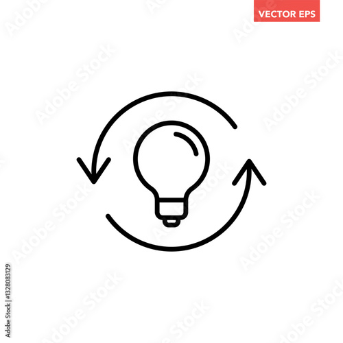Single black refresh idea line icon, simple light bulb with repeat arrow flat design illustration pictogram for infographic interface elements for app logo web button ui isolated on white background