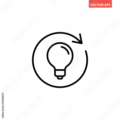 Single black refresh idea line icon, simple light bulb with repeat arrow flat design illustration pictogram for infographic interface elements for app logo web button ui isolated on white background