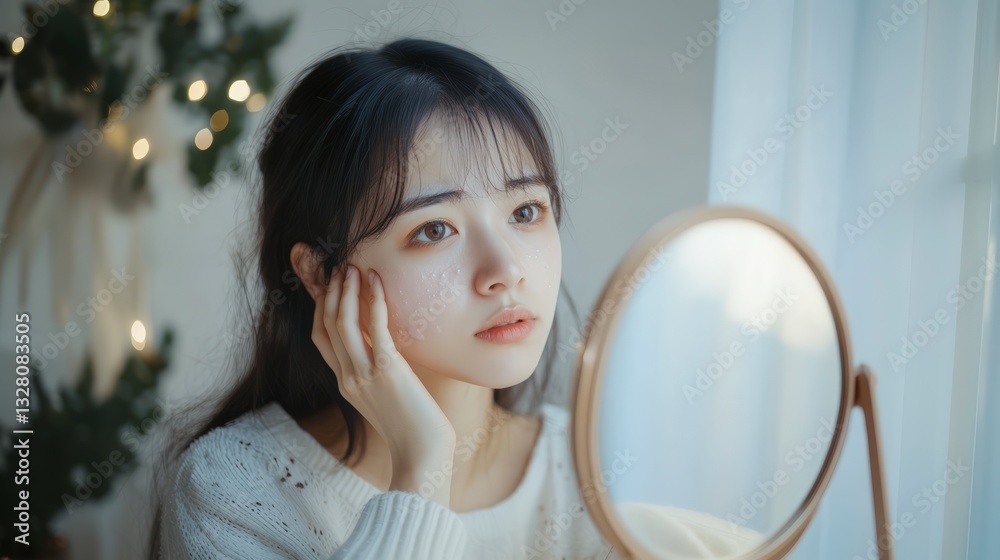 Thoughtful Young Woman Gazing At Reflection In Round Mirror In White Thoughtful Young Woman Gazing At Reflection In Round Mirror In White
