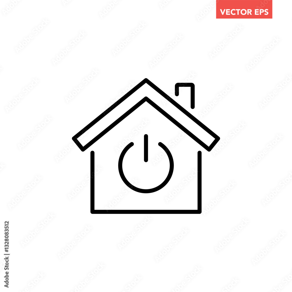 Black single house power button line icon, simple home technology switch flat design pictogram, infographic illustration for app logo web button ui ux interface elements isolated on white background Black single house power button line icon, simple home technology switch flat design pictogram, infographic illustration for app logo web button ui ux interface elements isolated on white background