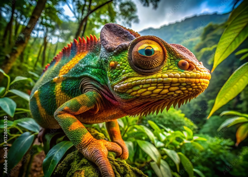 Obraz premium Malagasy Giant Chameleon (Furcifer oustaleti) Aerial View - Largest Chameleon Species, Reaching 70cm