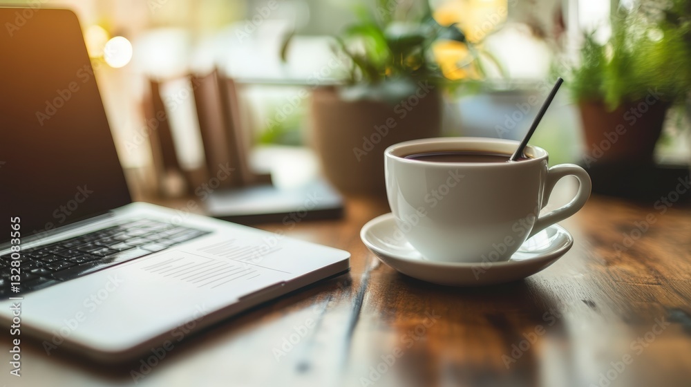 Warm Lit Coffee And Laptop On Wooden Table With Houseplants Warm Lit Coffee And Laptop On Wooden Table With Houseplants