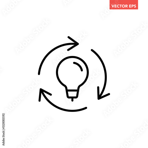 Single black refresh idea line icon, simple light bulb with repeat arrow flat design illustration pictogram for infographic interface elements for app logo web button ui isolated on white background
