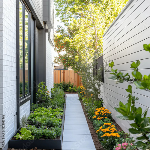 A modern, narrow garden path surrounded by vibrant flowers, greenery, and a minimalist design on either side, with a clean and contemporary aesthetic.