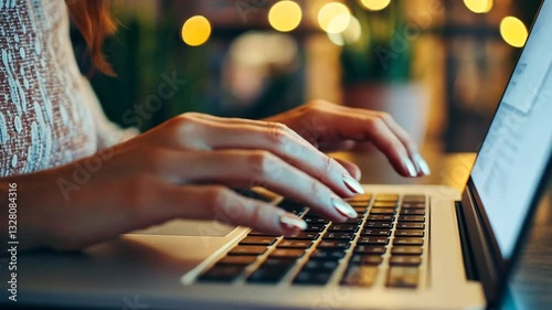 Typing on Laptop Keyboard in Cozy Cafe Environment for Remote Work Concepts