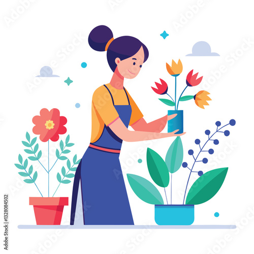Young woman  arranges flowers to be made into a bouquet.