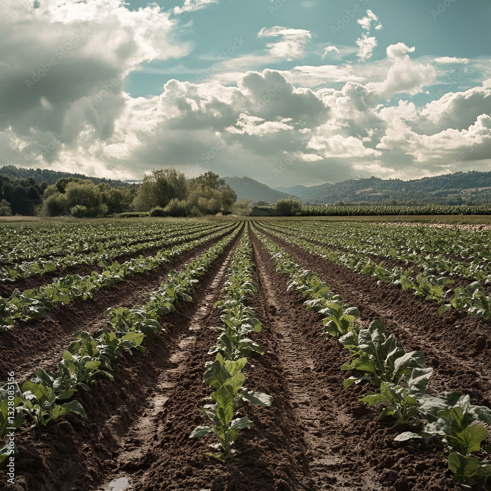 Obraz premium Rows of young plants growing in a field under a cloudy sky