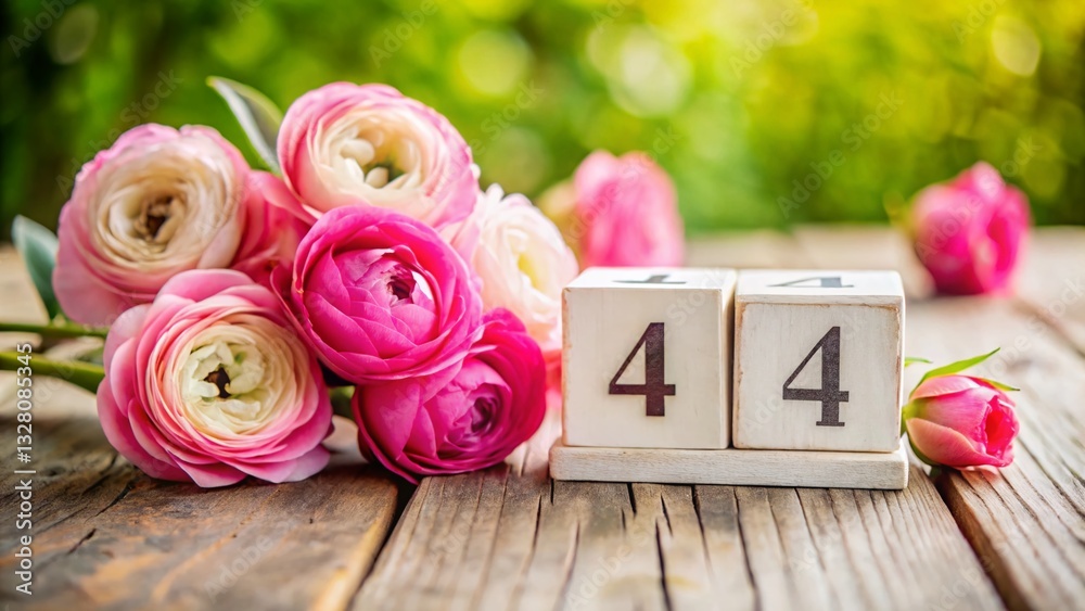 Fototapeta premium May 4th Calendar Blocks with Pink Ranunculus - Spring Floral Tabletop Photography