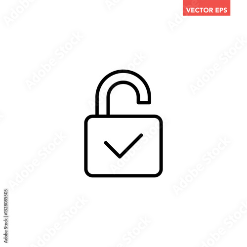 Single black unlock successful line icon, simple release lock approved flat design pictogram vector for app ads web banner button ui ux interface elements isolated on white background