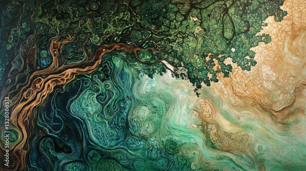 Fototapeta premium Abstract Tree Painting with Swirling Green Brown and Gold Textures