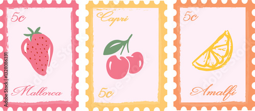 Postcard Europe fruit lobster euro postcards stamp cherrys wavy lemon Trending Graphic Tee t-shirt logo slogan artwork typography tote badge emblem crest
