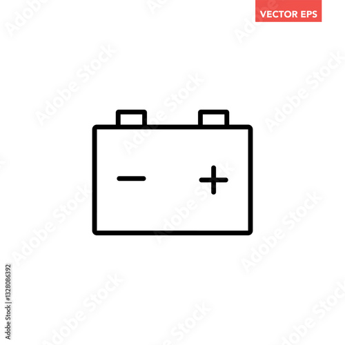 Single black car battery line icon, simple vehicle power with minus and plus flat design vector pictogram, outline infographic interface element for app logo web button ui isolated on white background