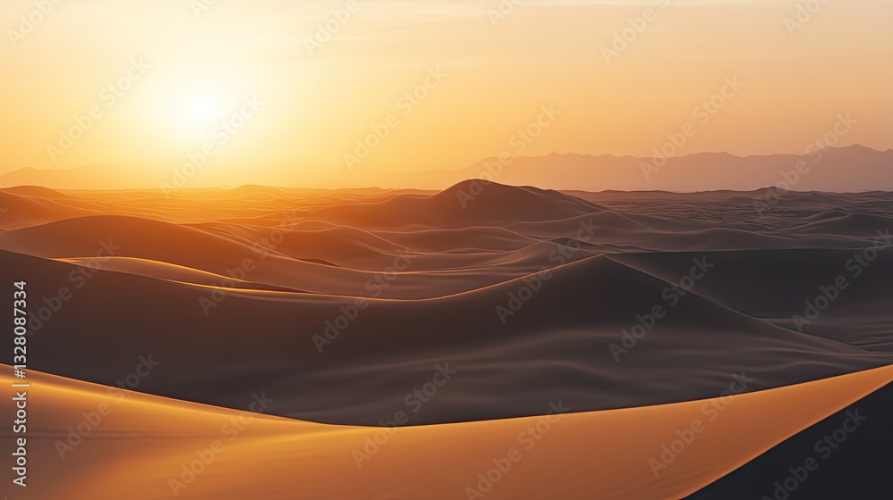 Obraz premium Desert Sunset: Golden Sands & Distant Mountains.