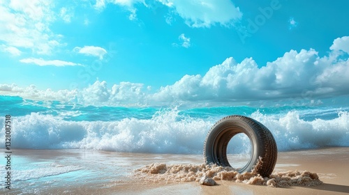 Tire on Sandy Beach with Waves and Blue Sky Under Beautiful Clouds at Sunset