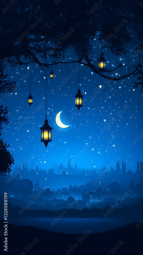 Naklejka premium Night lights over a city, Ramadan lanterns