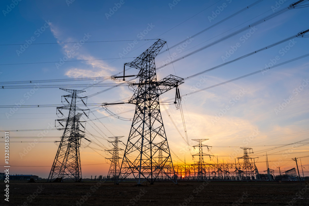 The pylons are in the evening, Substation in the evening, High voltage substation and beautiful sunset glow The pylons are in the evening, Substation in the evening, High voltage substation and beautiful sunset glow