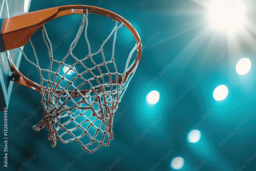 Close-Up of Basketball Hoop with Dramatic Lighting in Arena