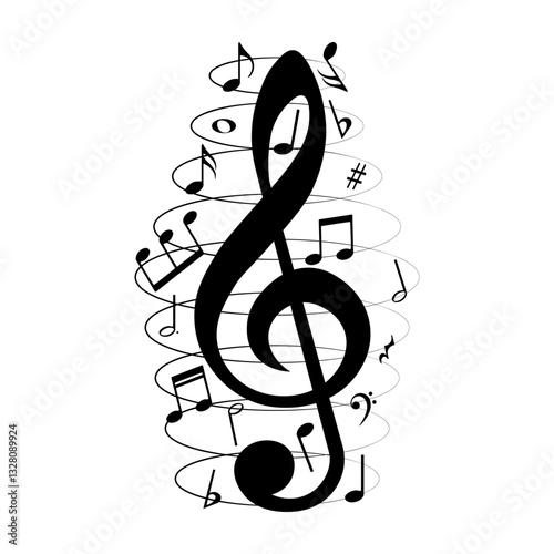 Music notes swirl, musical clef with oval lines, vector illustration.