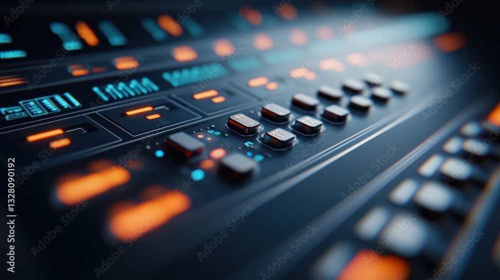 Close-up of Digital Sound Mixer Controls with Colorful Lights