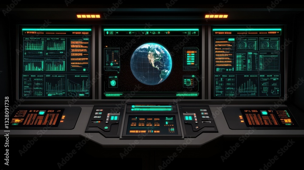 Futuristic Control Room Interface with Earth Display and Data Panels Futuristic Control Room Interface with Earth Display and Data Panels