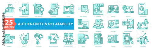 Authenticity and Relatability Icon Sheet Quality Control, Online Shopping, Data Analytics, Discount, Laptop, Free Delivery, Feedback, Website, Research, Subscription, Customer Service, Audience