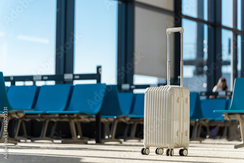 Fototapeta Naklejka Na Ścianę i Meble -  Travel, The suitcases in an empty airport hall, traveler cases in the departure airport terminal waiting for the area, vacation concept, blank space for text message or design