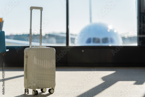 Fototapeta Naklejka Na Ścianę i Meble -  Travel, The suitcases in an empty airport hall, traveler cases in the departure airport terminal waiting for the area, vacation concept, blank space for text message or design