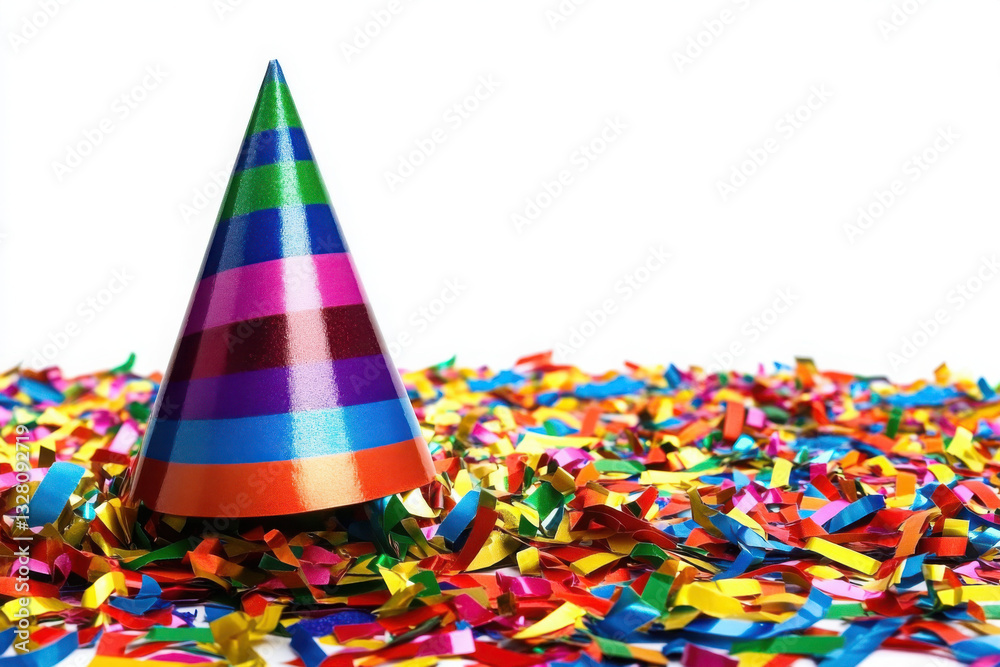 Colorful party hat surrounded by vibrant confetti on a white background, evoking joyful and festive celebration vibes. Colorful party hat surrounded by vibrant confetti on a white background, evoking joyful and festive celebration vibes.