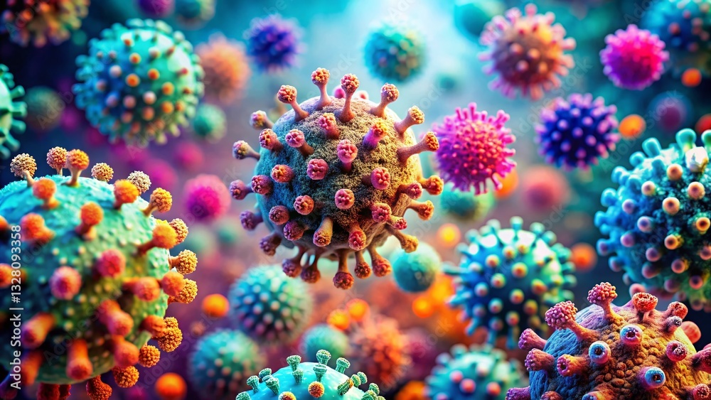 Fototapeta premium Microscopic Wonders: Vibrant Viruses & Cells in Stunning Tilt-Shift Detail