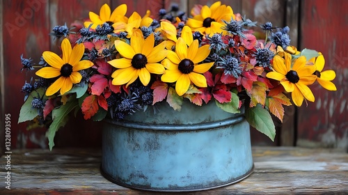 Autumnal black-eyed Susan flower arrangement in rustic tin.