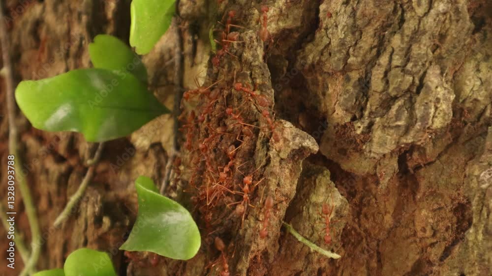 Video of red ants or Solenopsis invicta on a tree trunk, with close view. Video of red ants or Solenopsis invicta on a tree trunk, with close view.
