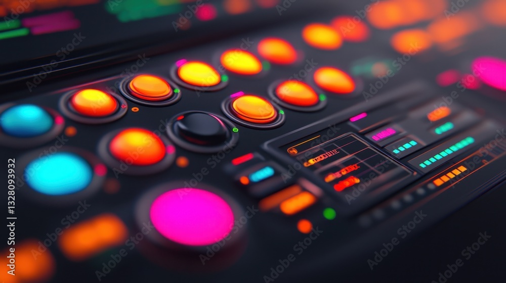 Futuristic Control Panel with Colorful Buttons and Lights Display Futuristic Control Panel with Colorful Buttons and Lights Display