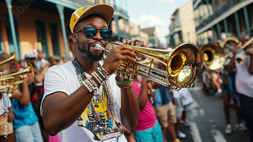 New Orleans, brass musicians leading a second line parade