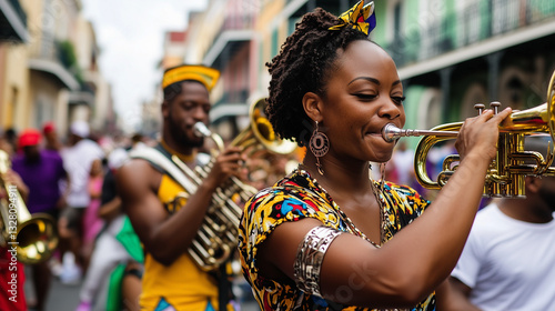 New Orleans, brass musicians leading a second line parade