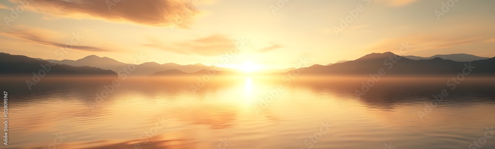 Serene sunset reflecting on calm water with mountains in the background.