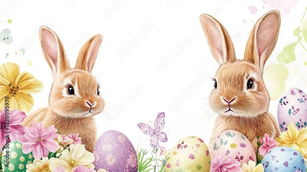 Obraz premium Cute bunnies with Easter eggs and flowers on a white background, Easter theme, watercolor style, pastel colors, commercial use, graphic design, cartoon illustration. 