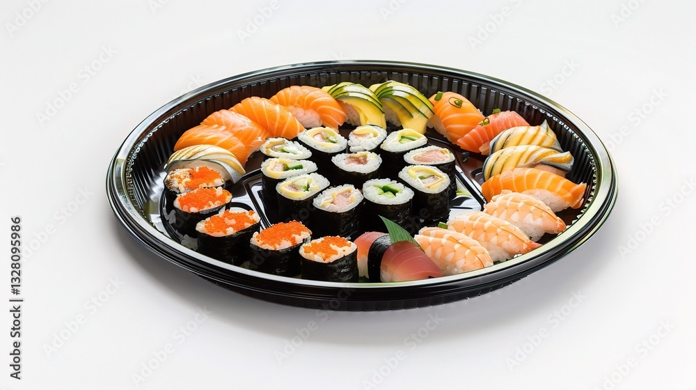 A beautifully arranged plate of sushi is presented. The sushi pieces vary in types, with some being nigiri topped with fresh slices of raw fish like tuna and salmon, and others being maki rolls filled A beautifully arranged plate of sushi is presented. The sushi pieces vary in types, with some being nigiri topped with fresh slices of raw fish like tuna and salmon, and others being maki rolls filled
