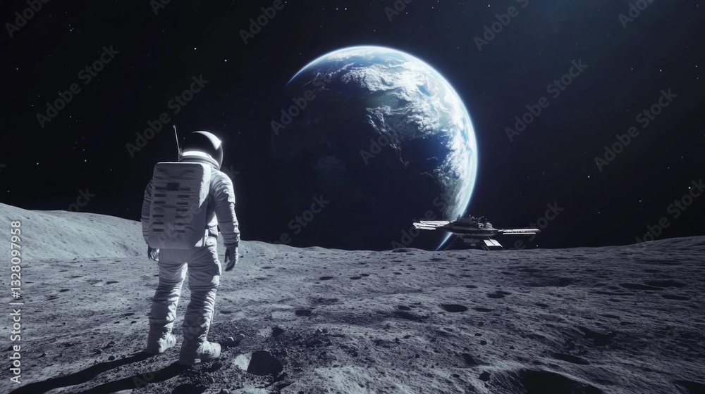 Astronaut on Moon Gazing at Earth and Spaceship