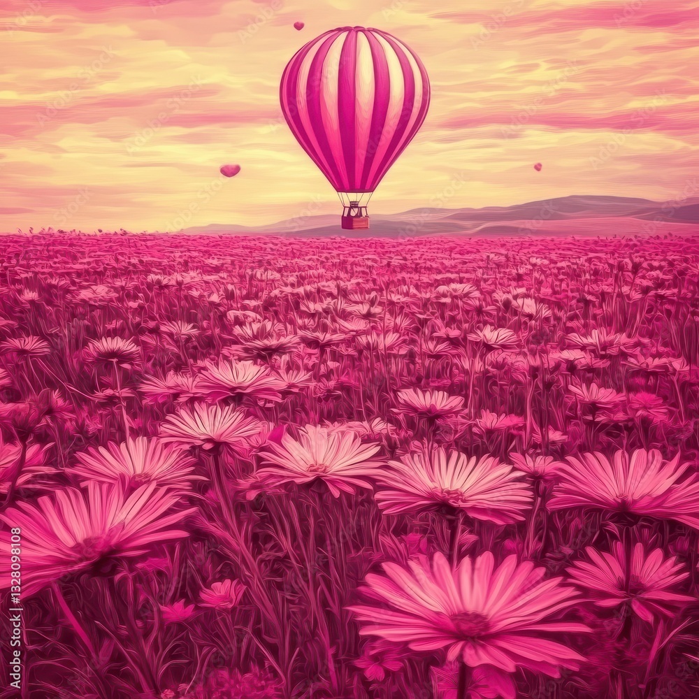 Fototapeta premium A vibrant pink hot air balloon floating above a flower field