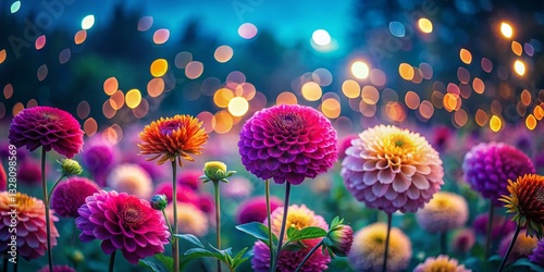 Miniature Glowing Dahlias in a Midnight Field - Tilt-Shift Photography