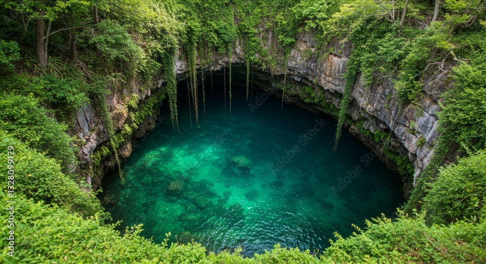 Naklejka premium Lush greenery surrounds a deep, teal cenote.