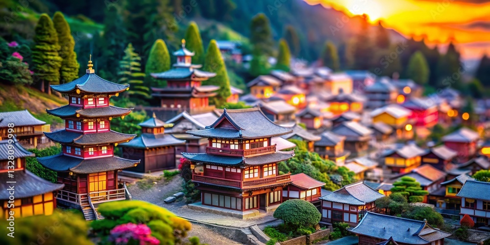 Obraz premium Miniature Japanese Village, Macro Photography, Asian Architecture, Detailed Craftsmanship, High Depth of Field
