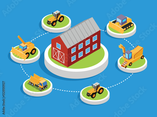 Farm Equipment and Agricultural Machinery Around a Barn 3d flat vector illustrations