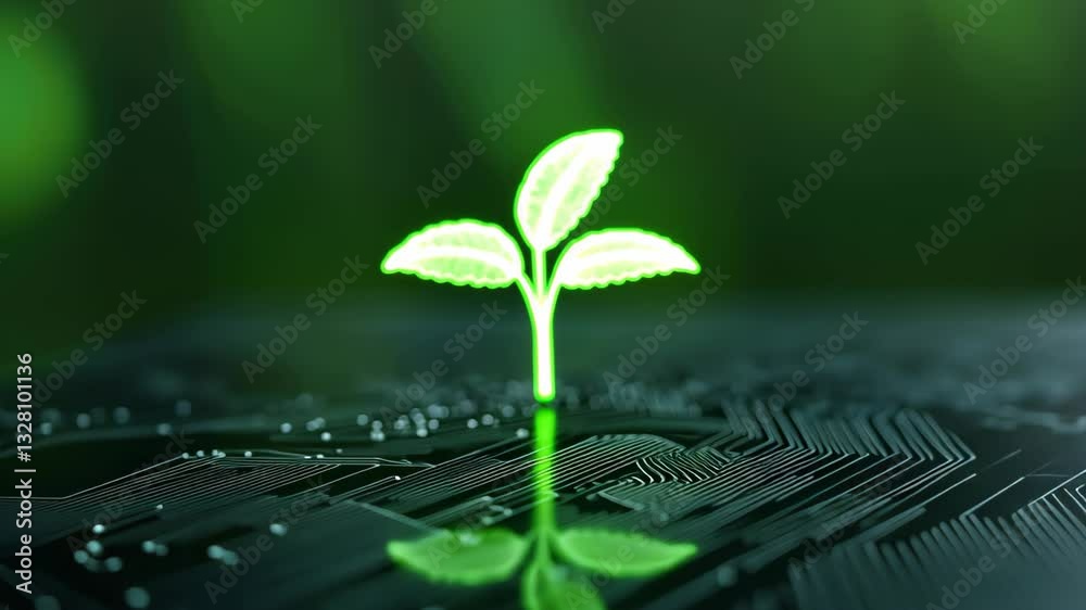 Hand Drawn Glowing Plant Sprouting from Circuit Board Background Representing Growth and Sustainability in Technology and Nature Blend with Green Ambient Light for Innovative and Futuristic Design