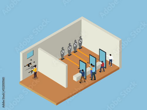 Shooting Range with People Practicing Target Shooting 3d flat vector illustrations
