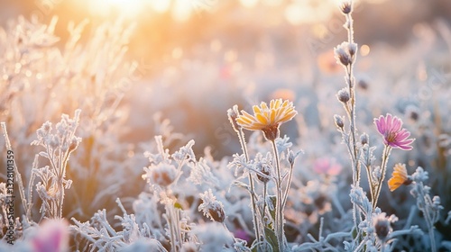 The contrast between the frost and the flowers symbolizes resilience—nature’s ability to thrive even in challenging conditions